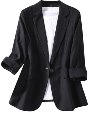 Generisk damlinne, kavaj, elegant, ledig, 3/4-ärm, blasjacka, sommar, lös, lätt, bomull, kavaj för kontor, öppen front, kort blazer, sweatblazer, sportig byxdräkt, kort jacka med ficka, 04 svart, XXL