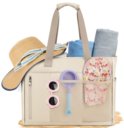 RAINSMORE Strandtasche XXL Familie Badetasche mit Reißverschluss Strandtasche Groß Damen Wasserdicht Mesh Beach Bag 40L Shopper Damen Schwimmtasche für Strand Reisen Khaki