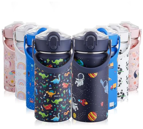 Kids Insulated Water Bottle with Straw 420ml, Childrens Water Bottle Stainless Steel with Handle, Metal Drinks Bottle for Girls/Boys, BPA Free, Keep Drinks Hot/Cold