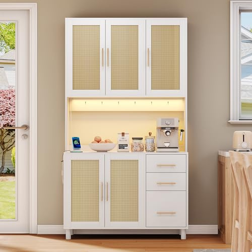 LARFOEK Küchenschrank mit Arbeitsplatte, Buffetschrank mit LED-Beleuchtung, Sideboard mit 3 Schubladen, Verstellbaren Ablagen, Ideal für Küche, Wohnzimmer, Esszimmer, 100 x 40 x 183cm, Weiß