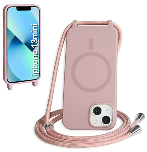 FNPCUON Cover Magnetica Silicone per iPhone 13 Mini con Cordino,Compatibile con MagSafe,Custodia con Laccio Collana Tracolla Collo Sottile TPU Antiurto Protettiva Case con Corda.Rosa