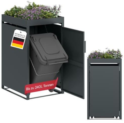 STEELSØN Thoria Mülltonnenbox 1er bis 240 L, mit Pflanzendach, Anthrazit | Müllcontainer aus Stahl für 5 Tonnen, hochwertige Mülltonnenverkleidung wetterfest & UV-beständig, Müllbox/ Gerätebox