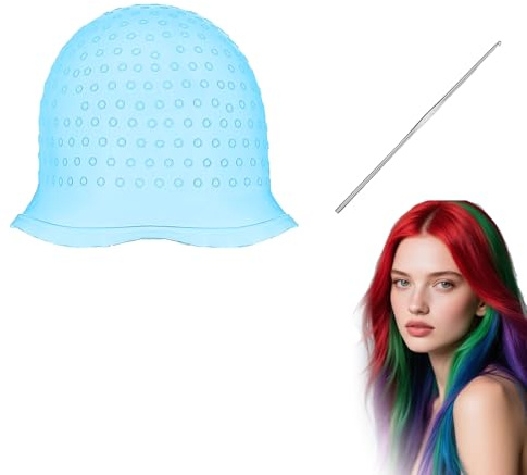 Bonnet Meches Cheveux,Bonnet Meche,Bonnet Pour Meches Et Balayage,Bonnet À Mèches Avec Crochet, Capuchon En Silicone,Avec Aiguille Et Trous, Réutilisables, Pour Salon Professionnel Et Maison(Bleu)
