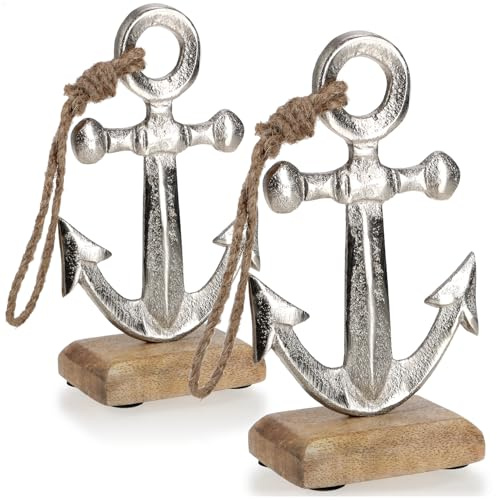 com-four® 2X Deko Aufsteller Anker - Maritime Dekofigur - Metall-Skulptur auf Mangoholz-Sockel - Deko-Anker mit Juteseil zum Hinstellen und Dekorieren - nautisches Dekoelement