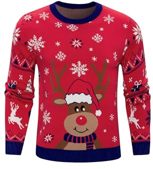 Aseniza Jultröja, herr, jultröja med renmotiv, rolig långärmad tröja för jul, fest, vinter, outfit, S–XXL, röd, XL