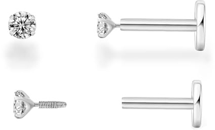 Joyería de piercing Tragus Helix de plata esterlina 925, pendientes de cartílago para mujeres, pequeños pendientes de diamante pequeños CZ de espalda plana para orejas sensibles Plata 3mm