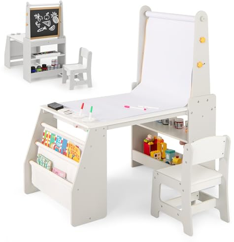Maxmass Kids Art Table and Chair, Wooden Children Activity Table with Whiteboard, Chalkboard, Paper Roll, Open Shelves, 2-Tier Bookshelf, Toddler Desk Set for Study Learning Drawing (Grey + White)