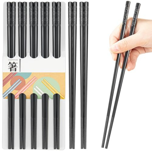 LIANGKEN Set di 5 paia di bacchette in fibra di vetro lavabili in lavastoviglie, 24,1 cm, riutilizzabili, giapponesi cinesi, antiscivolo, facili da usare (nero, 24,1 cm)