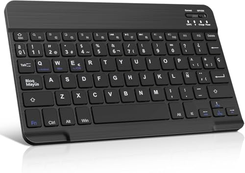 WAVATA Teclado Español Ñ Bluetooth Inalámbrico para iPad iOS/Tablet Android, Teclado Bluetooth de 10 Pulgadas Inalámbrico Portátil para Samsung/Huawei/Lenovo/Xiaomi- Negro