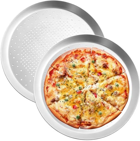 SUNOYA 2 Stück Pizzablech, Pizzablech Rund Ø 29,5 Cm, Pizza-Backblech Mit Löchern, Aluminiumlegierung Rund Pizzaform, 1,5 Cm Höhe, Gelocht Für Knusprige Pizzen Und Dünne Pfannkuchen, Silber
