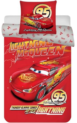 Parure de lit Disney Cars McQueen | Housse de Couette Taille Simple 140x200 cm avec taie d'oreiller 60x65 cm, 100% Coton | Literie Douce, Respirante et Durable pour Enfants et Adolescents