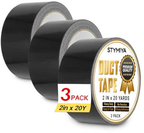 Stymiya Black Duct Tape Heavy Duty: 3 Rolls 2inch x 20yd Wide Waterproof Outdoor - Strong Adhesive Weather Tapes Repair Bulk - Ductape for Patterns Masking Packing Furniture Kids Craft (3, Black)