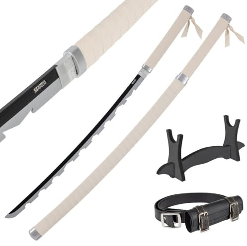 Katana i Trä 77 cm med Bälte och Ställ - Daemon Slayer Dekorativt Japanskt Svärd för Anime Cosplay, Maskerad och Rollspel - Wakizashi Träsvärd - Kort Samurajsvärd i Bambuträ (Ej Vasst)