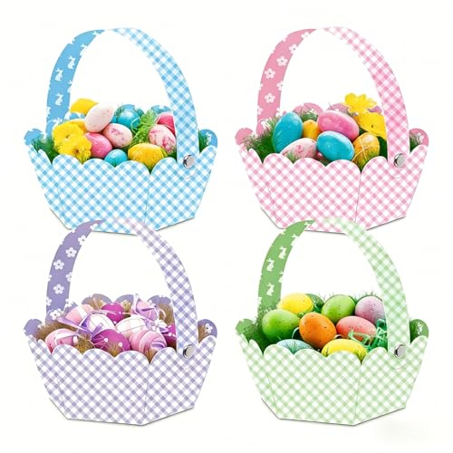 Riavom 12 Pcs Easter Basket, Easter Basket Craft for Kids, Easters Paper Baskets with Handle, Easters Egg Hunt Baskets for Diy Crafts Kids Sweet Candy With Colorful Eastertide Patterns handbasket