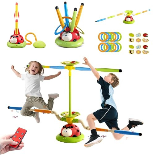 5-in-1 Outdoor Games for Kids, Rocket Toy, Jump Rope, Ring Toss Game, Dodge Jump Game, Musical Garden Toy with Remote Control, Outdoor Toy for Children 3 Years and Up (Red)