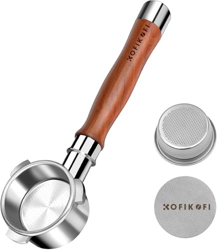 KOFIKOFI 58mm Bodenloser Siebträger, 2 Ohren Bottomless Portafilter für E61, Flair 58, ECM, Rocket, VBM-Espressomaschine mit Edelstahl-Filterkorb, Pucksieb, Naturholz