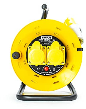 STATUS 2 Socket Cable Reel, 25m, Yellow, 16 Amp, 110 Volt, Heavy Duty Extension Lead, Thermal Cut Out, Outdoor Safe, Ideal for Site Work, Power Tools, DIY, Trade Use (S25M-110VOLT-CR1)