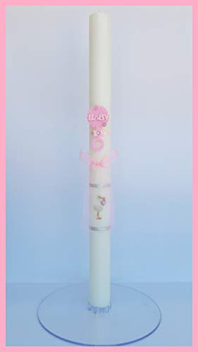 Vela para Bautizo DE Cera Blanca. Medida 3 x 40CM Decorada con Lazo, SONAJERO DE Fieltro Y CIGÜEÑA Adhesiva (Rosa)