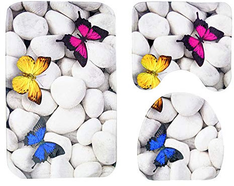 Morbuy Juego de 3 Piezas de Alfombra de baño Antideslizante + Tapa de Inodoro + Alfombrilla de baño - El Mundo Submarino (Mariposa)