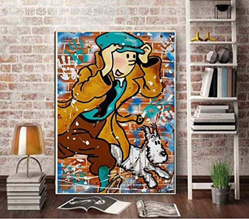 baodanla Kein Rahmen Ölgemälde Graffiti beliebte Gehirnwäsche Kunst Tim und Struppi in Ölgemälde Kunst geeignet für Schlafzimmer decoration60x90cm