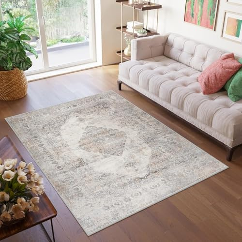TAPISO Valley Teppich Kurzflor Grau Hellgrau Vintage Ornament 200 x 300 cm | Rahmen Rosette Used Effekt Wohnzimmer Schlafzimmer OEKO-TEX