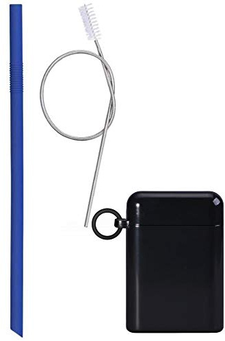 Onlineforu lTD Wiederverwendbarer, faltbarer Trinkhalm, schwarze Box, blauer Strohhalm.