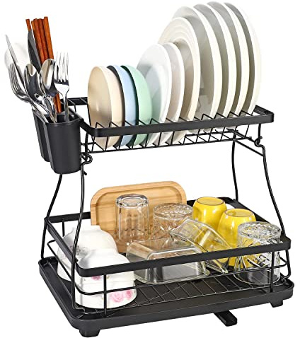Vinsani Black Dish Drainer Rack 2 Tier Modern Detachable Drying Rack with Auto Drainage System Drip Tray Board Removable Cutlery Holder, Minimalist Dish Draining Rack for Kitchen Sink Countertop