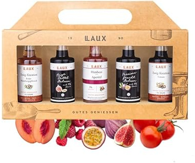 LAUX Essig Geschenkbox - 5er Set mit Essig-Kreationen, Aperitif & Balsam - Ideal als Topping für Salat & Gemüse - Geschenk zu Ostern (5 x 40ml)