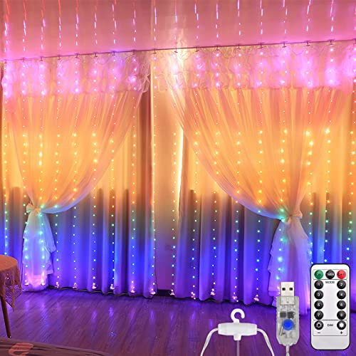 DUOJIN 280 LED Luci a Cascata Tenda arcobaleno con 8 modalità di illuminazione e telecomando timer per la decorazione di Natale,finestre,matrimoni,giardino,camera da letto (7 colori)