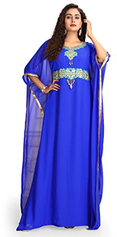 Donne Blu Designer Ricamo Islamico Maxi takchita Kaftan, Blu, 5XL