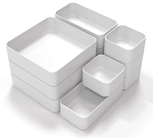 CHANCETSUI 11-Piece Stackable Drawer Organizer Set, Multi-size Desk Drawer Organizer Trays Vanity Storage Bins for Storing Makeup, Stationery, Utensils in Bathroom Dresser, Office and Kitchen