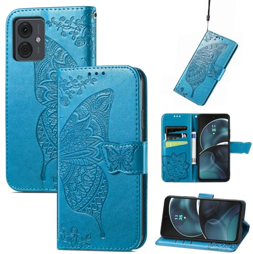JIUNINE Funda Libro para Motorola Moto G14, Azul | Carcasa Tipo Cuero Sintético, Relieve Mariposas, Cierre Magnético, Ranuras para Tarjetas, Soporte Plegable, Protección 360°