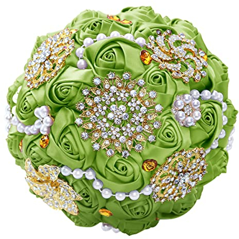 CrEev Hochzeits-Brautstrauß, Seidenblumen, Rosen, Brautstrauß, Strass-Brosche, Hochzeitstag, Feier, Zeremonie, Strasssteine (12) (9)