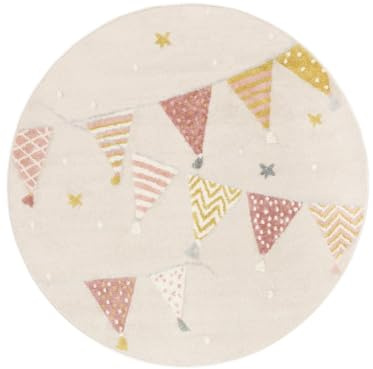 RugVista Celebration, Kinderteppich, Moderne Teppiche, Ø 150 cm, Rund, Niedriger Stapel, Kinderzimmer, Nur chemische Reinigung, Ohne gefährliche Chemikalien, Beige/Rosa