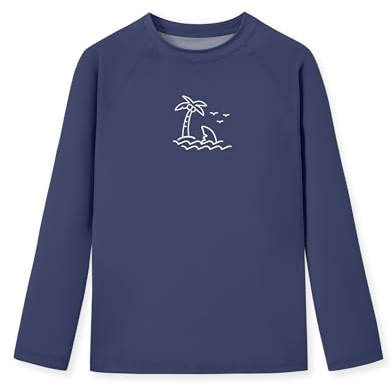 Glimnerize Camiseta de natación para chicos Rashguard de cuello redondo, manga larga, UV, transpirable, 104-152, Playa de arena azul marino, 104 cm