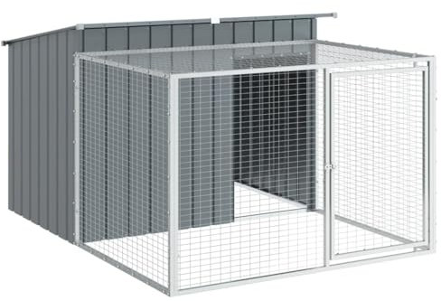 vidaXL Dog House with Run - Galvanised Steel, Anthracite, 153x194x110 cm, Mesh Design, Weather- Roof, Secure Latch Doors