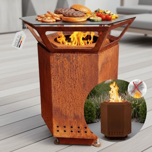 Terma 2IN1 Smofree klein Massive rost Patina Feuerstelle inkl. Feuerplatte Raucharm Größe 63x76 cm für Terrasse & Garten Made in Germany Holzkohlegrill Fast rauchfrei Feuerkorb
