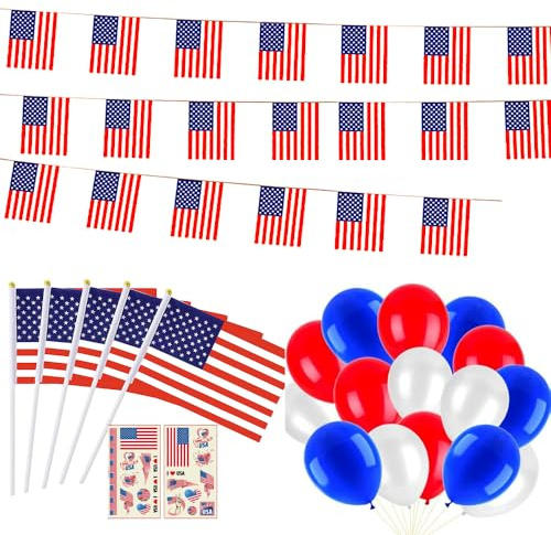 Drapeau Américain - 10 Mini Drapeau USA Avec Baton 10m Banniere Etats Unis Bunting 30 Balloons 2 Autocollants Sur le 4 juillet Décoration Patriotique Anniversaire Fête de l'Indépendance