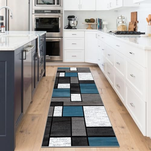 WTHYGB Teppich Läufer Flur rutschfest 60x150 cm Teppichläufer Flur Waschbar, Lang Modern Küchenteppich, Flurläufer, Teppich Läufer für Flur, Küche, Korridor, Schlafzimmer, Wohnzimmer, Blau