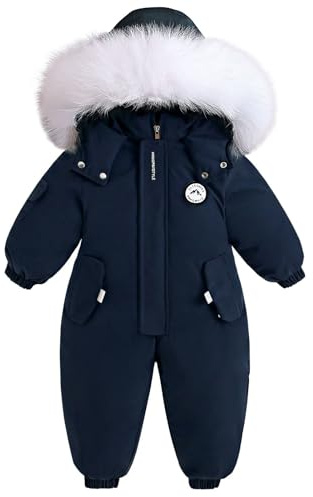 BRONG Enfant Habit de Neige Barboteuse Garçons Combinaison de Ski Hiver Chaud Neige Toison Veste Étanche Amovible Col de Fourrure Coupe-Vent Tenues Bleu 12-18 Mois