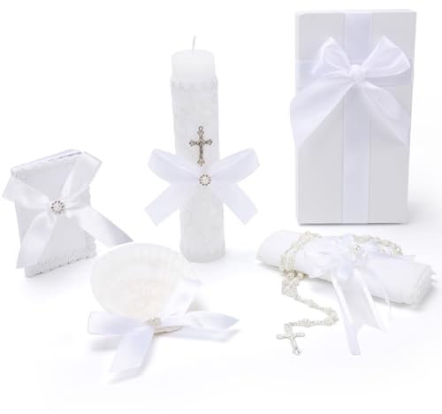 Rotel Baptism Candle Set for Boys and Girls, White 5 PCS Kit: Baptism Candle, Towel, Shell, Rosary, Bible for Baptismal Christening First Communion Gift, Velas para Bautizo De Niño o Niña