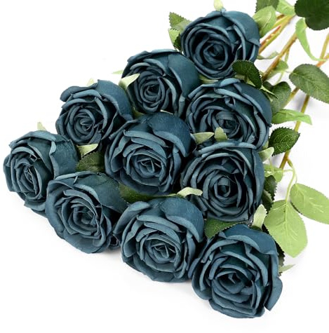 DuHouse 10pcs Ramo de Rosas de Seda Falsas para Decoración de Boda Hogar Centro de Mesa Fiesta Decoración de Cocina(Azul Pavo Real)