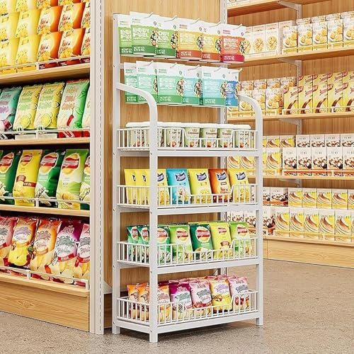 4Tier Concession Display Rack for Snacks Chip Bag Organizer Holder for Chocolate Bread Potato Chips Cereal Jelly Coffee Capsules Portable Theatre Display Stand (White)