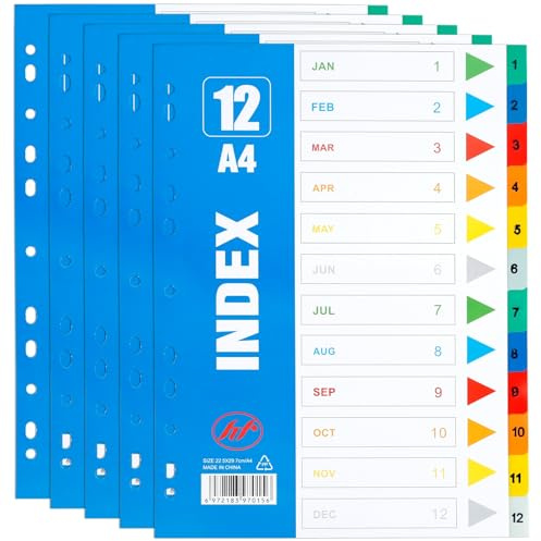 OEEYYT Trennblätter für Ordner A4 Farbig Nummeriert 1-12 Ordner Register A4 5er Set Ordner Trennblätter Ordnerregister, für Büro Schule (12 Seiten mit Zahlen im 5er-Pack)