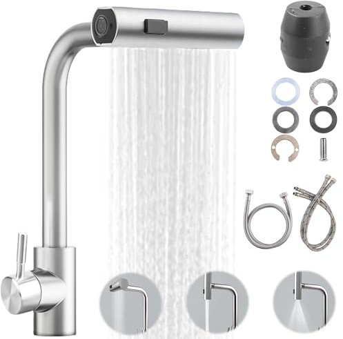 BAIFULAI Robinet de cuisine extensible avec douchette extractible, mitigeur d’évier extensible à levier unique, 3 modes, 1 trou pivotant 360°, haute pression cascade, brossé