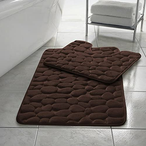EXQUIZIT HOME® Lot de 2 tapis de bain de luxe en mousse à mémoire de forme - Tapis de salle de bain antidérapant à motif galet et tapis contour WC, séchage rapide ultra absorbants tapis doux