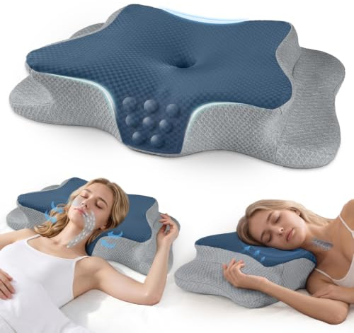 CHxxy Schmetterlingskissen, Memory Foam Nackenkissen, Ergonomisches Kissen | Seitenschläferkissen, Nackenstützkissen, höhenverstellbar, kühlend für Seiten-, Rücken- und Bauchschläfer, Blau mit Grau