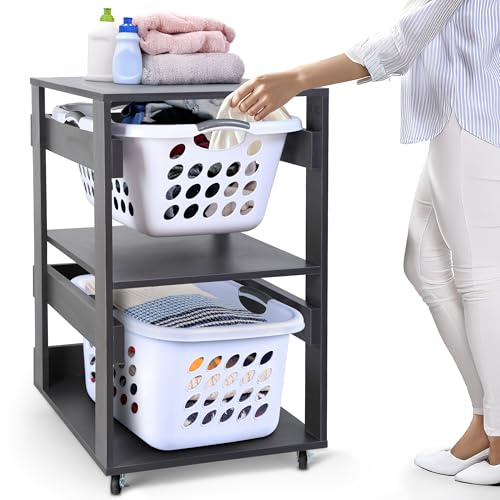Laundry Basket Holder Shelf (2-Tier) - Stackable Engineered Wood Laundry Tower with Wheels, Tiered Laundry Hamper Organizer for Bathroom, Bedroom
