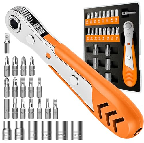 Right Angle Screwdriver 24 in 1 Ratchet Screwdriver Set with Mini Ratchet Wrench for Tight Spaces, Bike Repair & DIY Projects