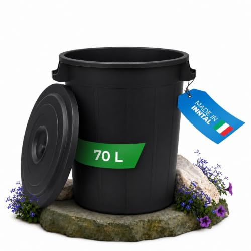 YourCasa Cubo de basura de 70 l, con tapa con cierre, con asas de transporte para jardín, contenedor de comida o de lluvia, pequeño cubo de basura universal